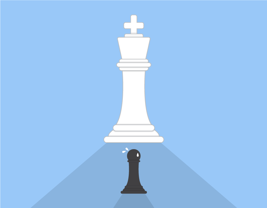 Illustration of a large white chess king scaring a small black chess pawn.